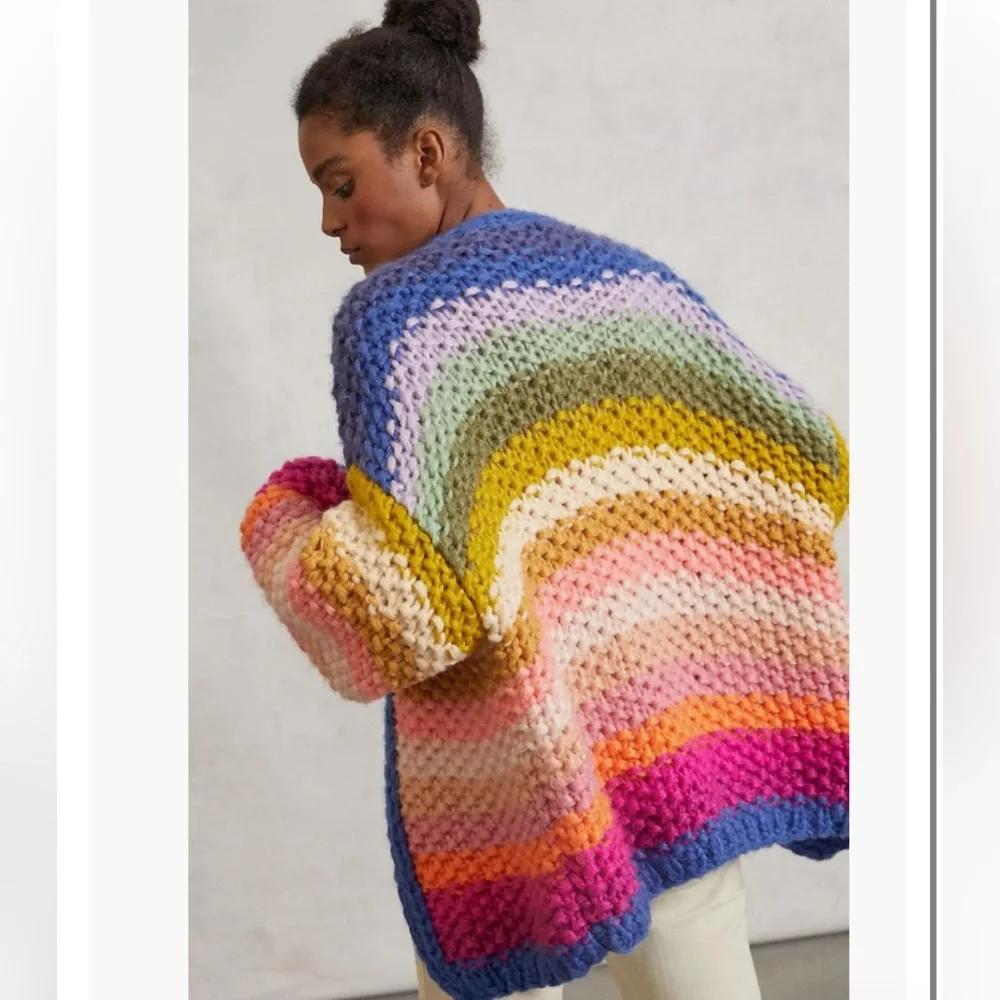 SAACHI Multicolor Chunky Knit Striped Cardigan - Blue, Pink, Yellow - Picture 3 of 13